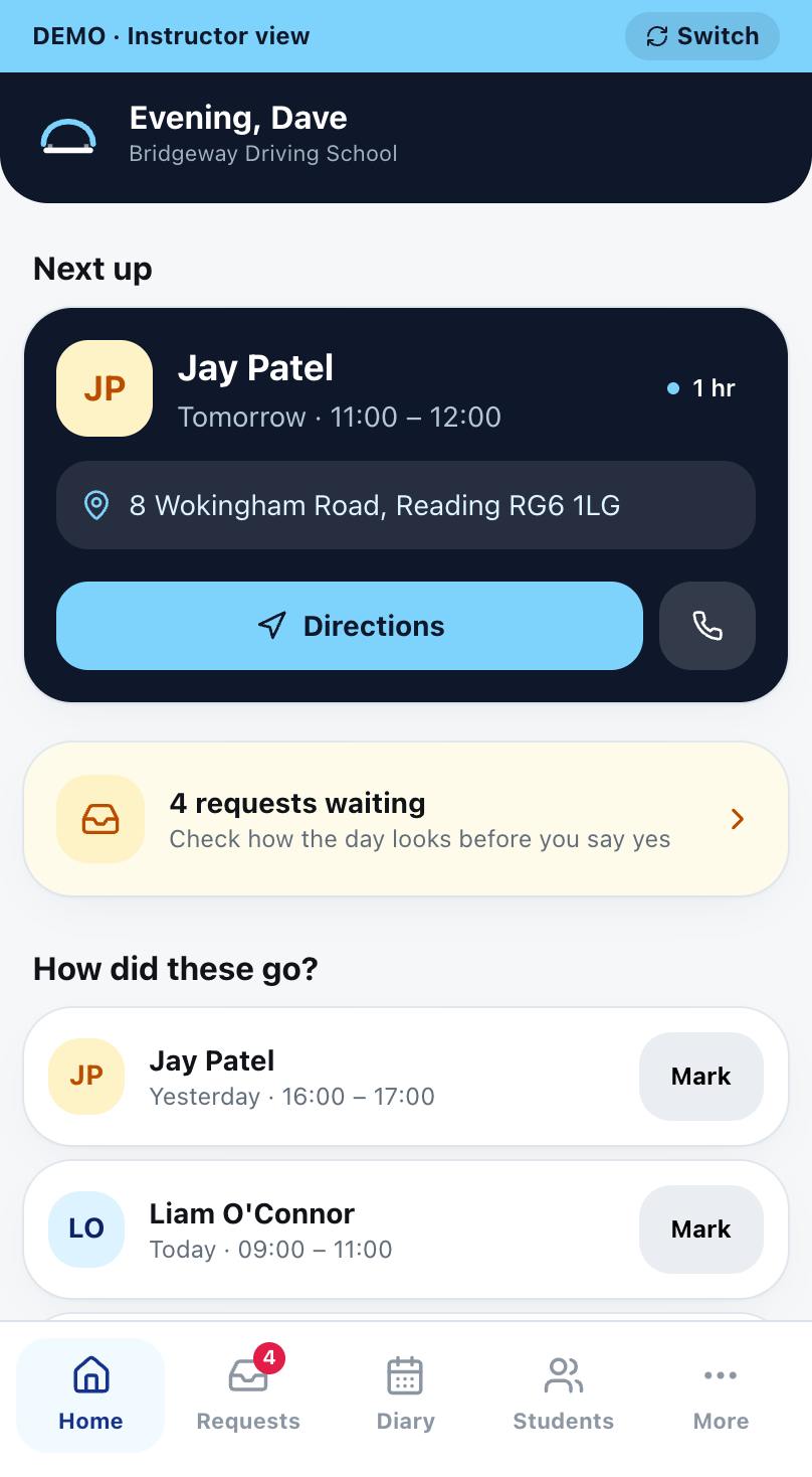The instructor's home screen: the next lesson with its pickup address, four requests waiting, and today's lessons marked paid or unpaid.